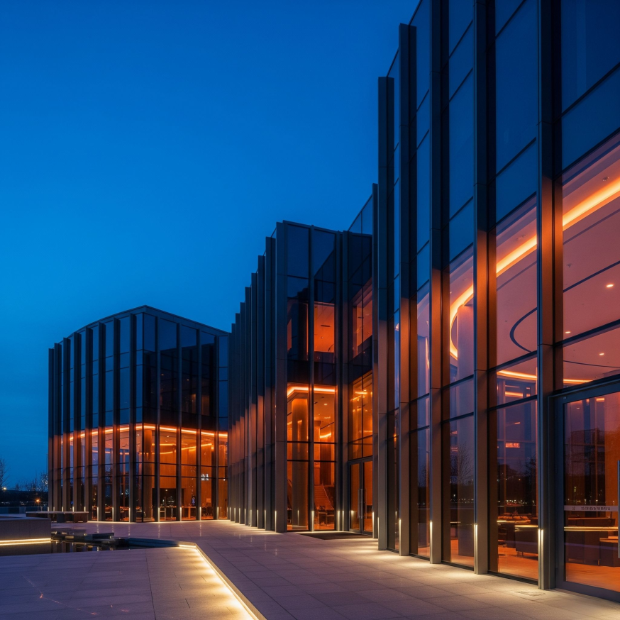 Afbeelding: Modern kantoorgebouw bij blauw uur met warme oranje binnenverlichting en strakke lijnen, uitstekend bij architectuurfotografie