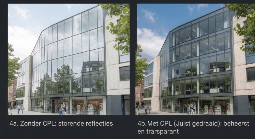 Afbeelding: Vergelijking van een glazen gevel zonder en met polarisatiefilter
