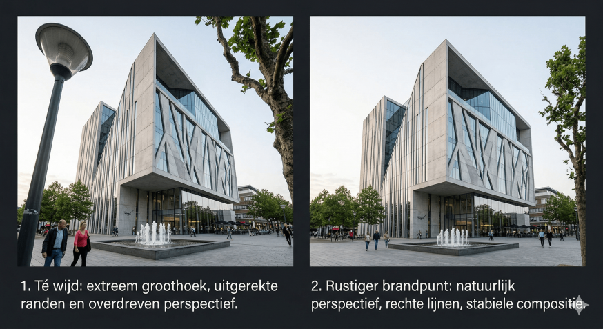 Afbeelding: Vergelijking tussen een te wijde groothoekopname en een rustiger brandpunt bij architectuurfotografie
