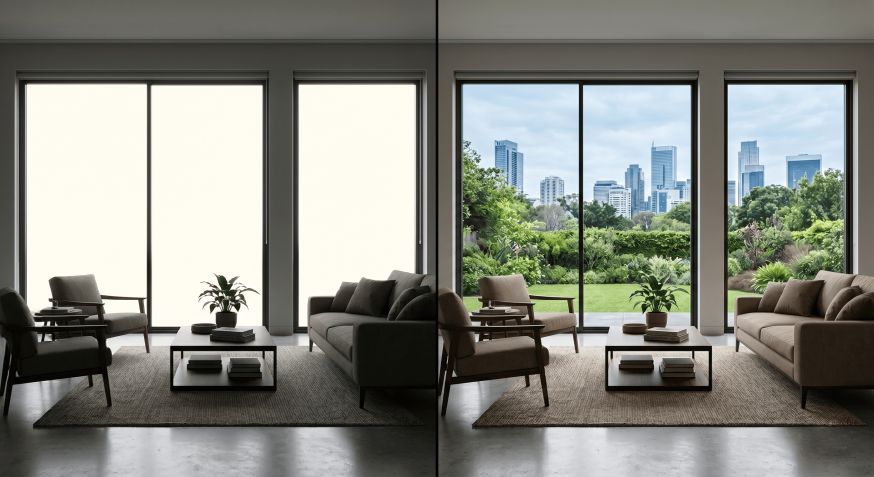 Afbeelding: interieur met grote ramen; links uitgebeten ramen, rechts zichtbaar uitzicht, met een rustig interieur