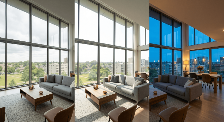 Afbeelding: architectuurfotografie binnen, verschillende lichtvallen met hetzelfde interieur: bewolkt / middagzon / blauw uur