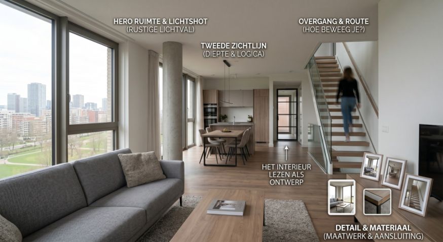 Afbeelding: Modern interieur met grote ramen, zitgedeelte, eettafel en trap, geannoteerd om te laten zien hoe overzicht, zichtlijn, route, licht en detail in één beeld samenkomen