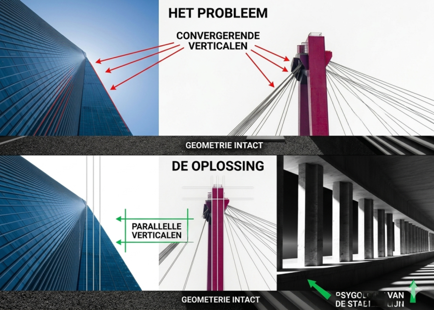Afbeelding: Een infographic die het visuele verschil toont tussen vallende gebouwen met convergerende lijnen (boven) en de gecorrigeerde, parallelle oplossing (onder)