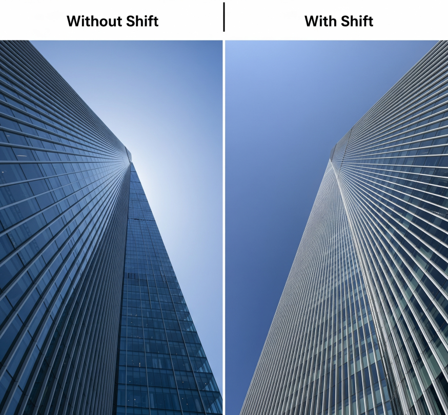 Afbeelding: Twee foto's van een wolkenkrabber die het verschil laten zien tussen fotograferen zonder en met een tilt-shiftlens bij architectuurfotografie