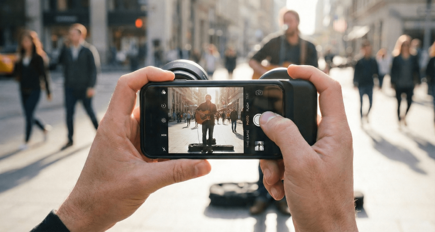 Afbeelding: POV-perspectief van een fotograaf die met een smartphone, voorzien van een cameragrip en externe lenzen, een foto maakt van een straatmuzikant op een zonnig plein