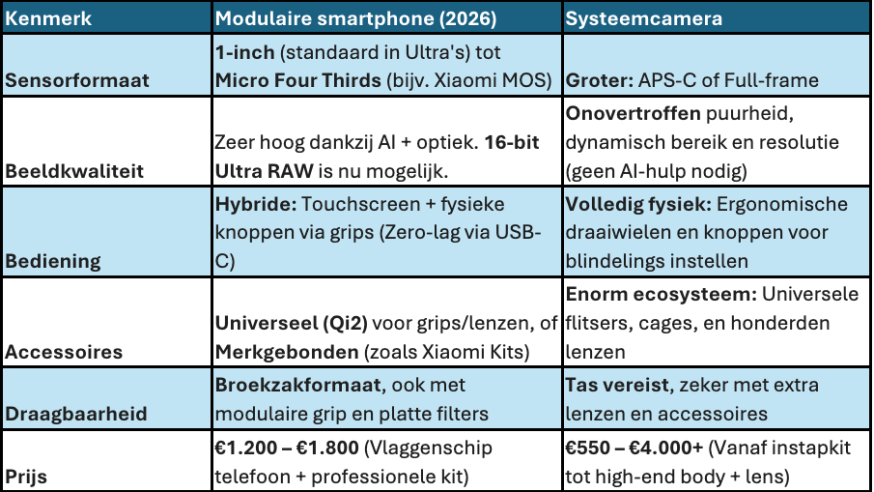 Afbeelding: tabel voor modulaire smartphonefotografie in vergelijking met systeemcamera